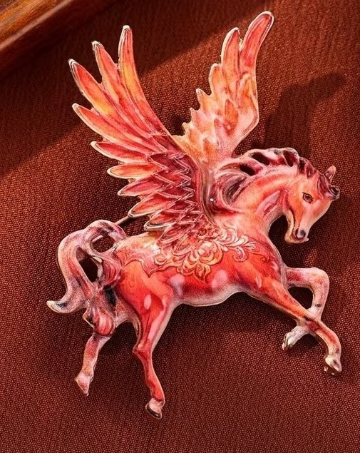Mythical Pegasus Brooch | Red Vintage Porcelain Style Horse | Fantasy