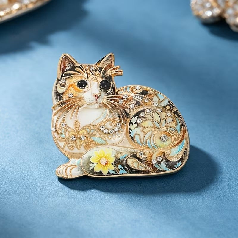 Porcelain Style Cat Brooch | Gold White Vintage Style Pin 