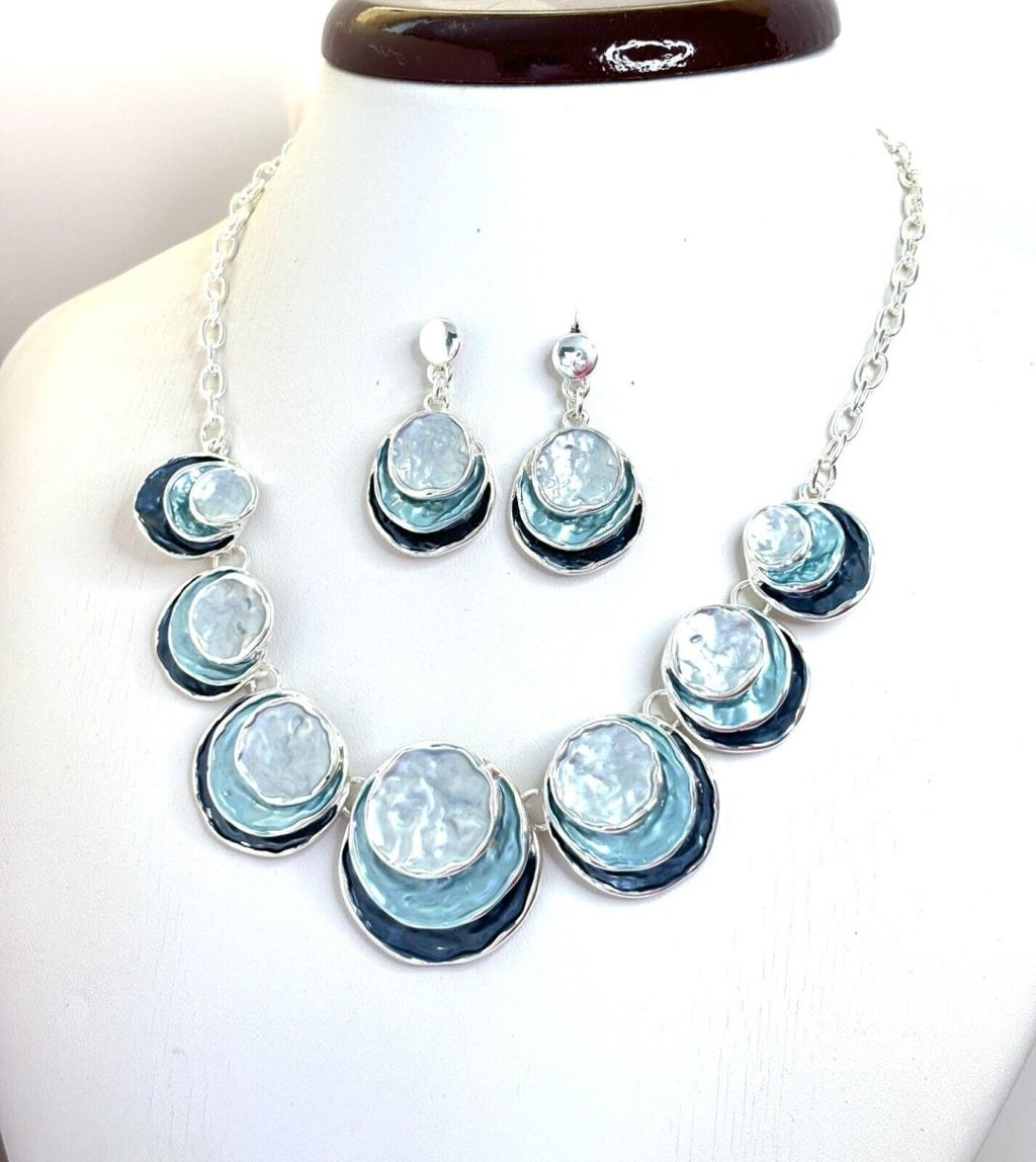 Womens Blue Silver Statement Necklace and Earrings Set | Statement Choker
