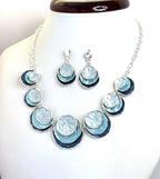 Womens Blue Silver Statement Necklace and Earrings Set | Statement Choker