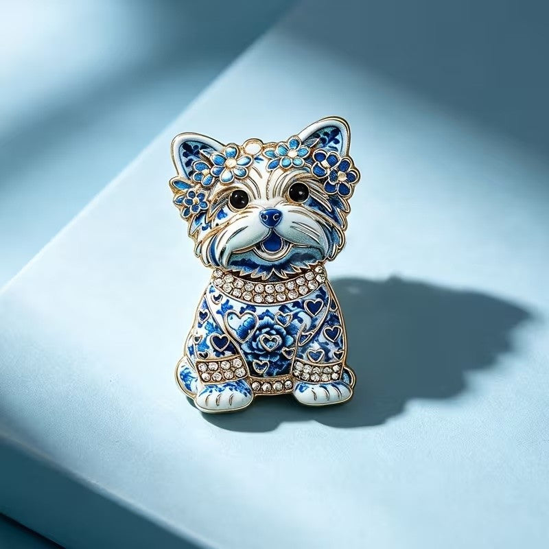 Porcelain Style Yorkshire Terrier Dog Brooch |  Delft Blue Vintage Style 