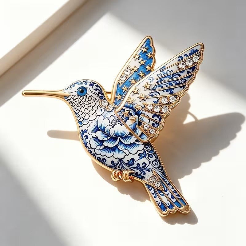 Porcelain Style Hummingbird Brooc |  Delft Blue Vintage Style Gold Tone