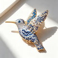 Porcelain Style Hummingbird Brooc |  Delft Blue Vintage Style Gold Tone