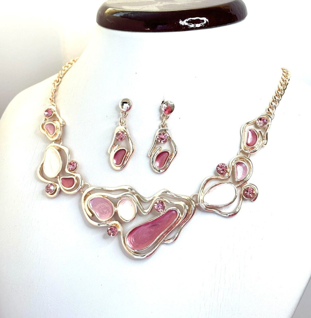 Rose Gold Pink Enamel Geometric Necklace Earrings Set  | Women Birthday Gift