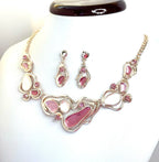 Rose Gold Pink Enamel Geometric Necklace Earrings Set  | Women Birthday Gift