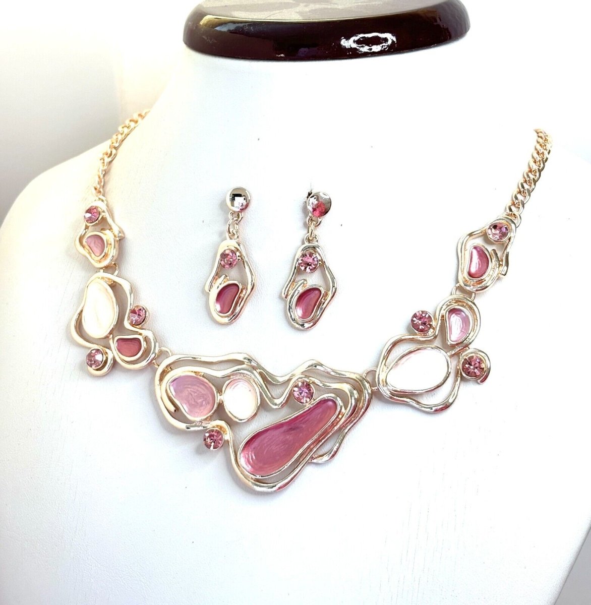 Rose Gold Pink Enamel Geometric Necklace Earrings Set  | Women Birthday Gift