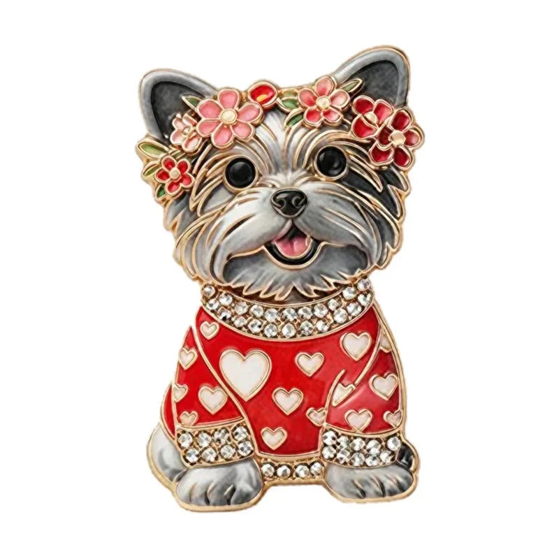 Yorkshire Terrier Dog Brooch | Red Vintage Style Very Cute Crystal Pin
