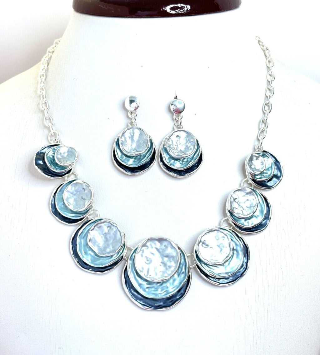 Womens Blue Silver Statement Necklace and Earrings Set | Statement Choker