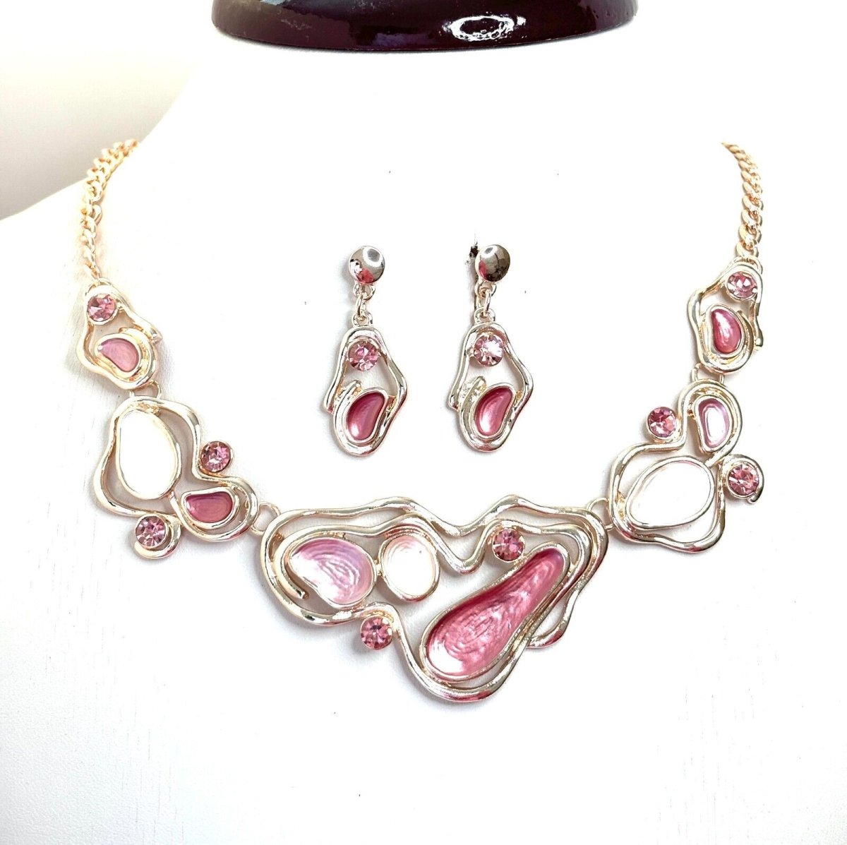 Rose Gold Pink Enamel Geometric Necklace Earrings Set  | Women Birthday Gift