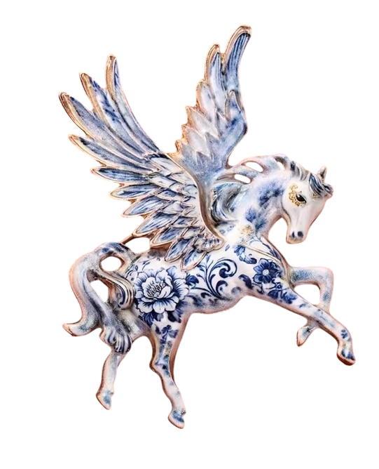 Mythical Pegasus Brooch  | Delft Blue Vintage Porcelain Style Horse
