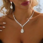 Clear CZ Crystal Teardrop Tennis Necklace and Earrings Set | Wedding Jewellery