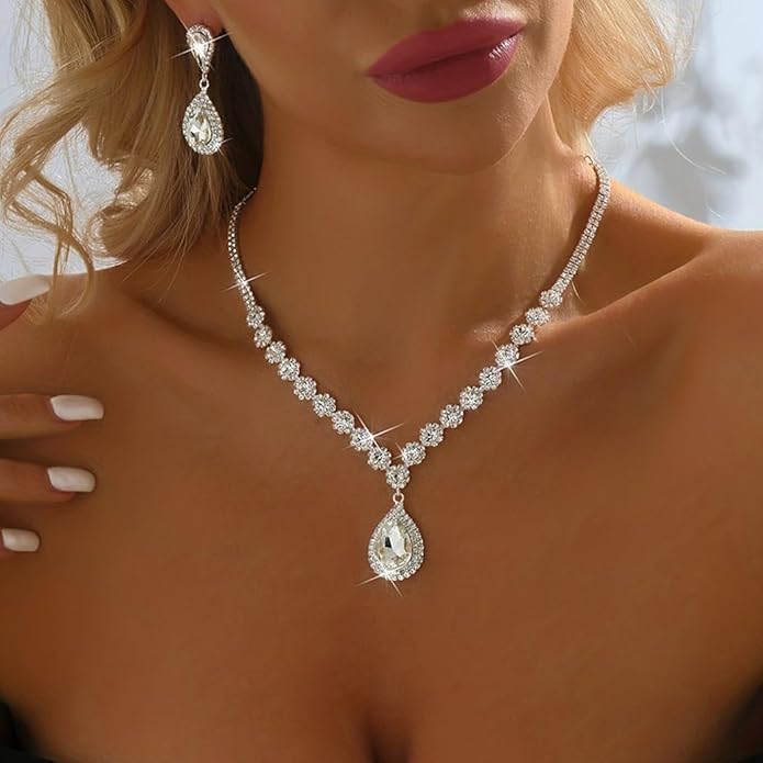 Clear CZ Crystal Teardrop Tennis Necklace and Earrings Set | Wedding Jewellery