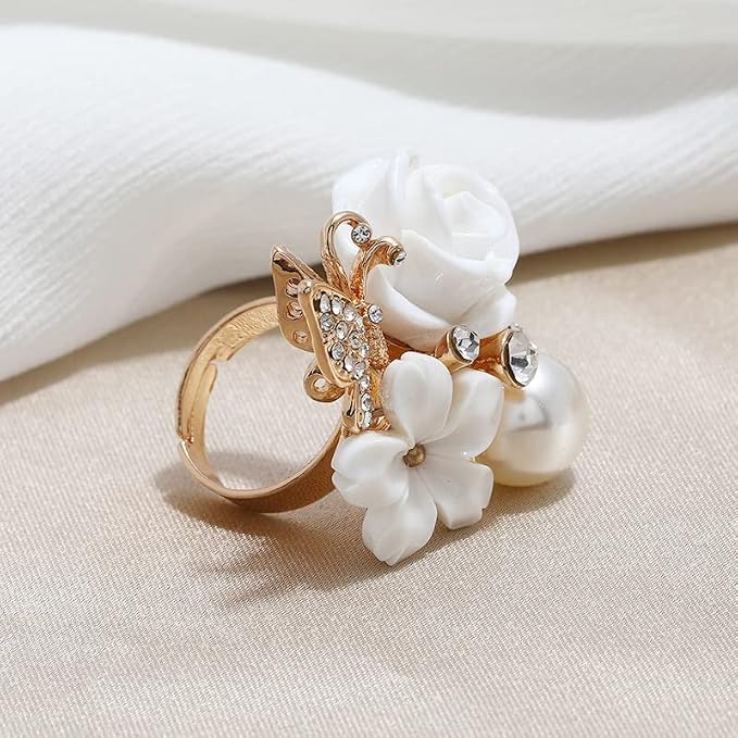 Gold Flower & Butterfly Adjustable Ring With Faux Pearl | Adjustable
