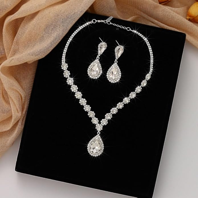 Clear CZ Crystal Teardrop Tennis Necklace and Earrings Set | Wedding Jewellery