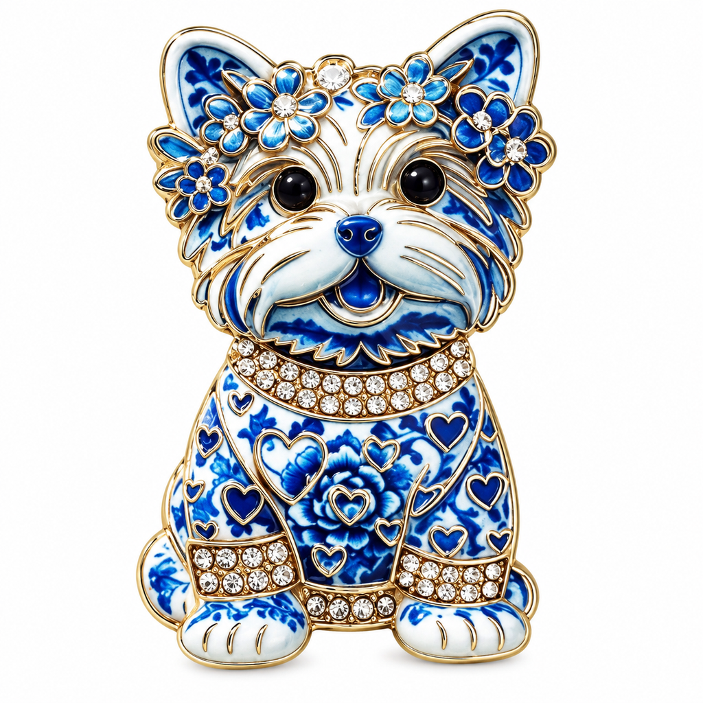 Porcelain Style Yorkshire Terrier Dog Brooch | Delft Blue Vintage Style