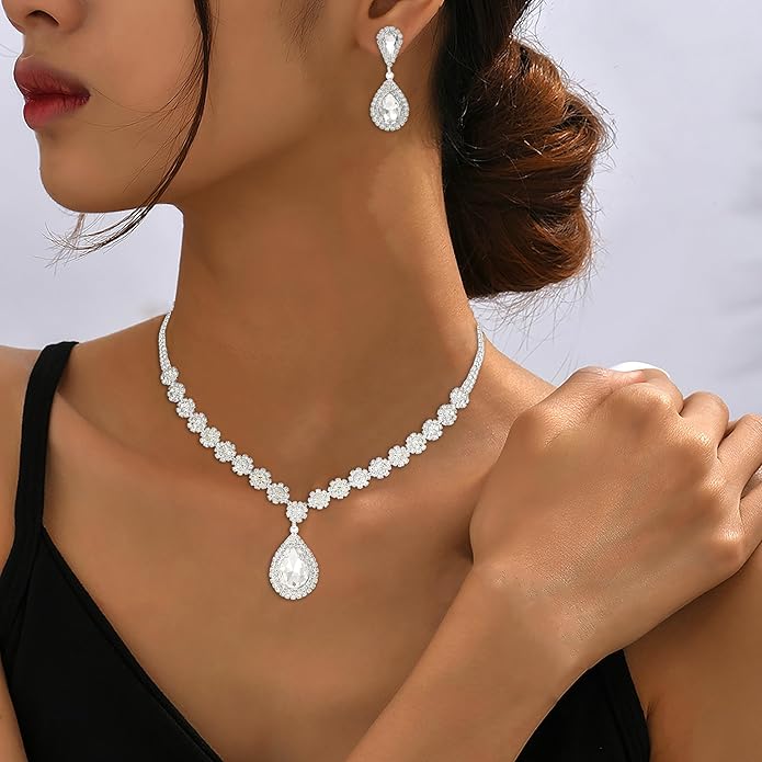 Clear CZ Crystal Teardrop Tennis Necklace and Earrings Set | Wedding Jewellery