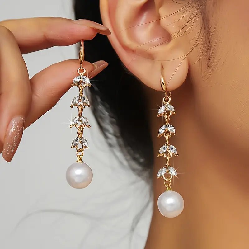 Sparkly Crystal and Pearl Leaf Earrings | Wedding Accessories | Mother of the Bride