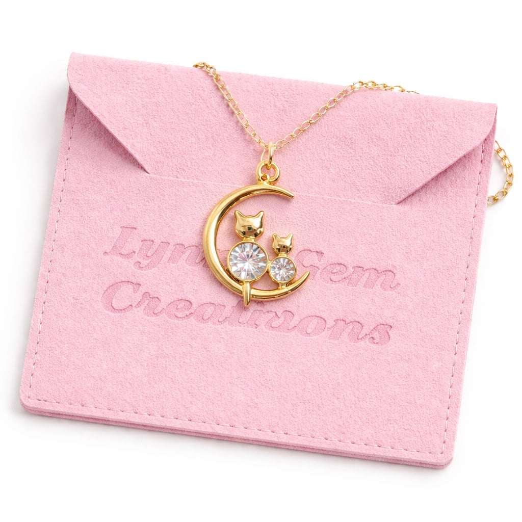 Cat and Kitten on the Moon CZ Necklace | 14kt Gold Dainty Cat Jewellery