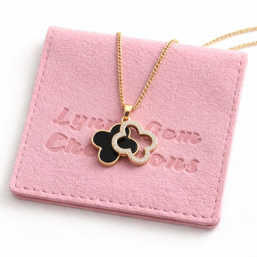 Gold Black Onyx Double Clover CZ Necklace | Gold Satelite Chain