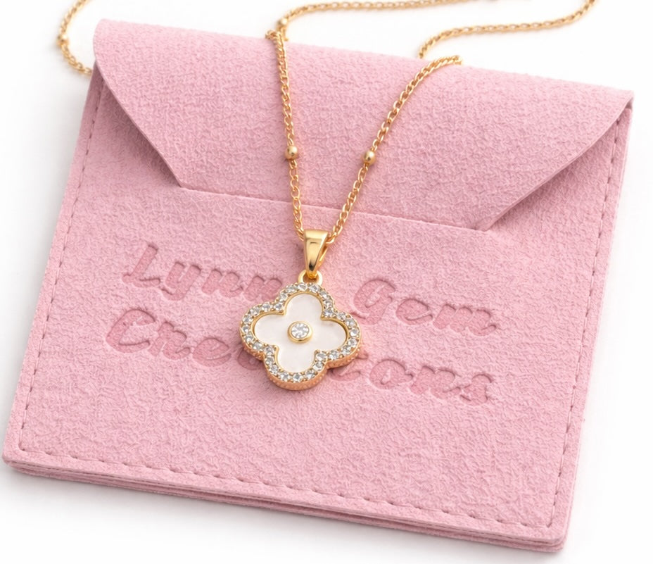 White Mother of Pearl Clover CZ Necklace | Gold Satelite Chain