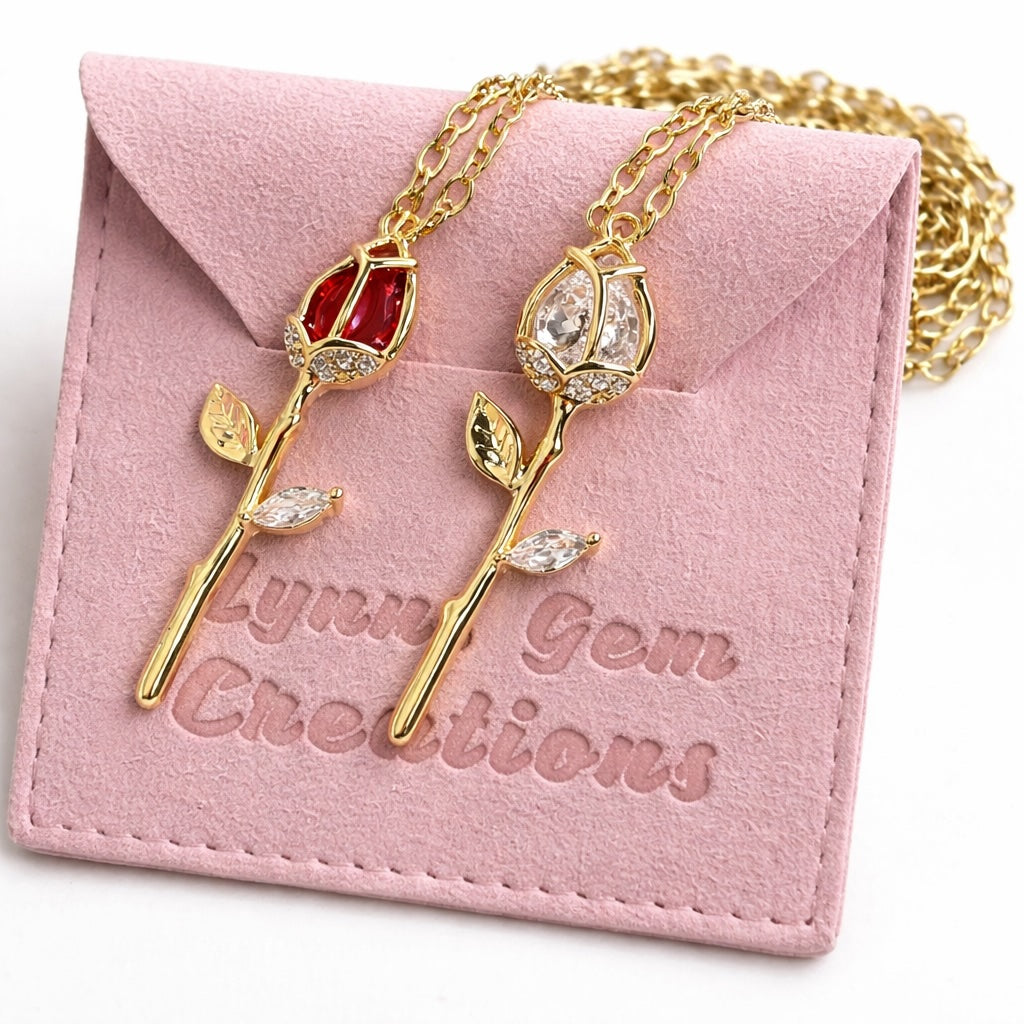 Gold Rose Bud Red Crystal Necklace | Delicate Flower Jewellery | Gold Filled