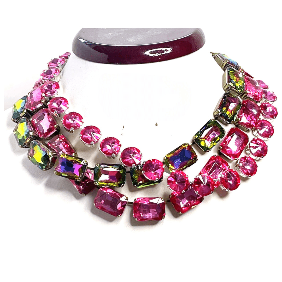 Pink Crystal Georgian Collet Necklaces | Anna Wintour Style | Rainbow Riviere Necklace