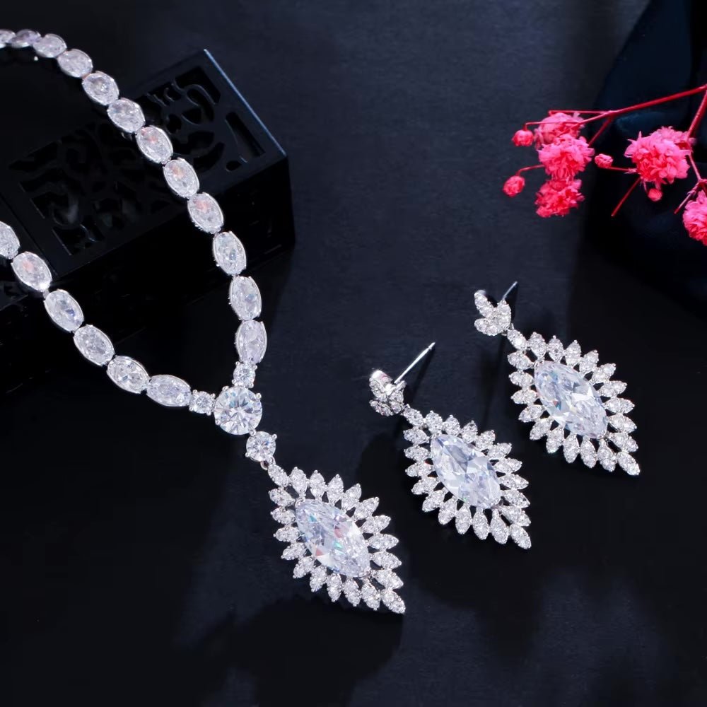 Clear CZ Crystal Drop Tennis Necklace and Earrings Set | Wedding Jewellery