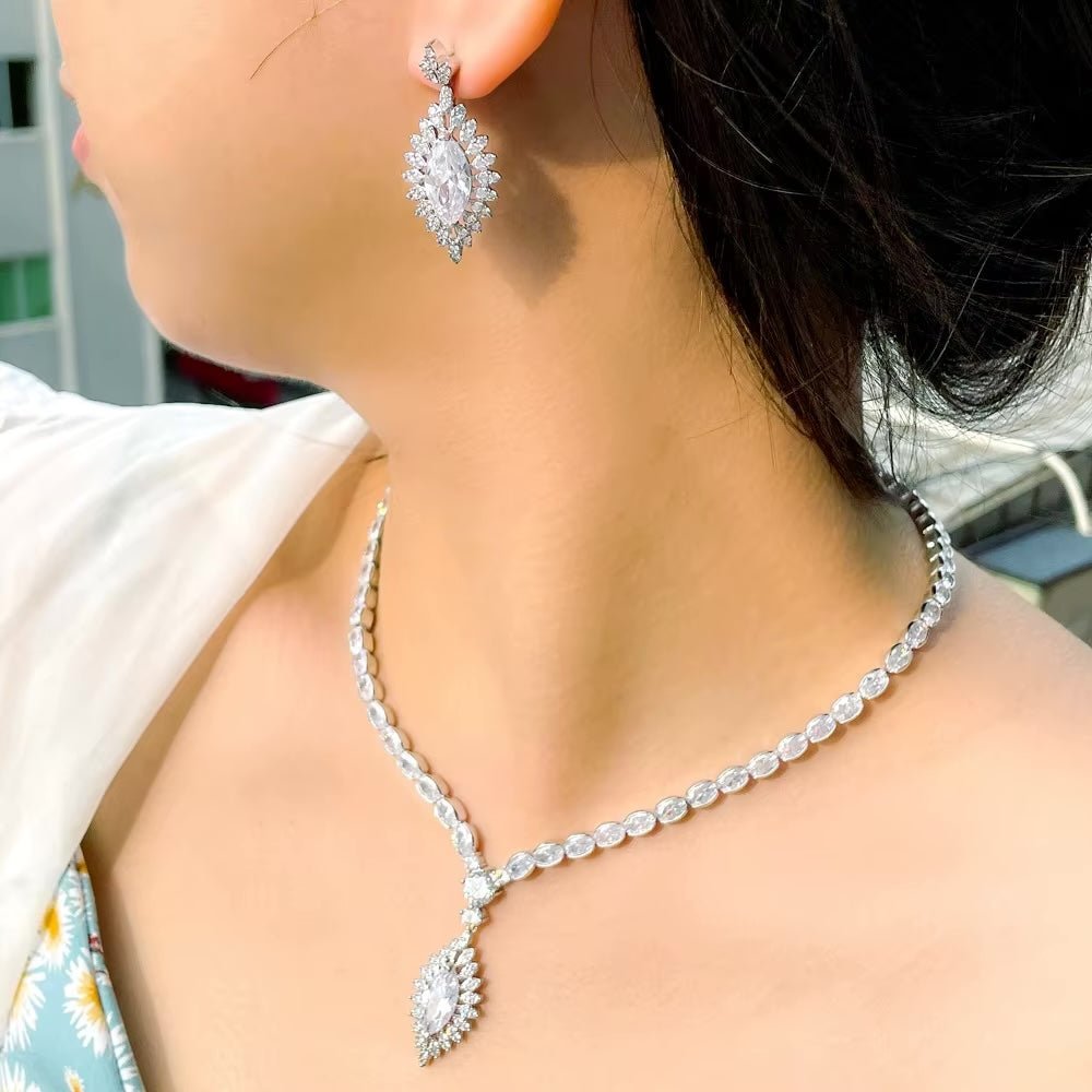Clear CZ Crystal Drop Tennis Necklace and Earrings Set | Wedding Jewellery