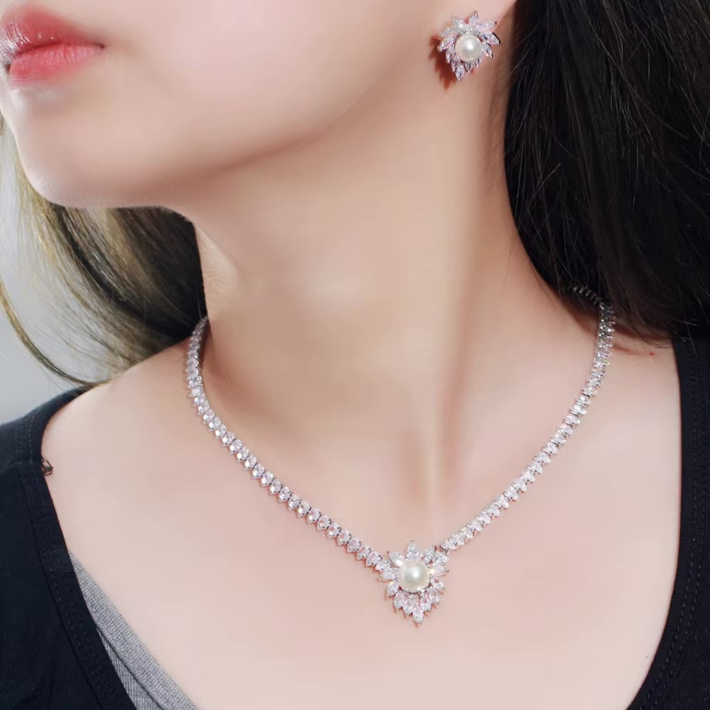 Pearl CZ Crystal Necklace and Earrings Set | Marquise Cut Wedding Jewellery | Bridal Accessories