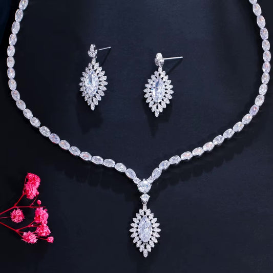 Clear CZ Crystal Drop Tennis Necklace and Earrings Set | Wedding Jewellery | Bridal Accessories 