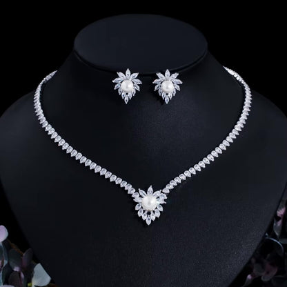 Pearl CZ Crystal Necklace and Earrings Set | Marquise Cut Wedding Jewellery | Bridal Accessories