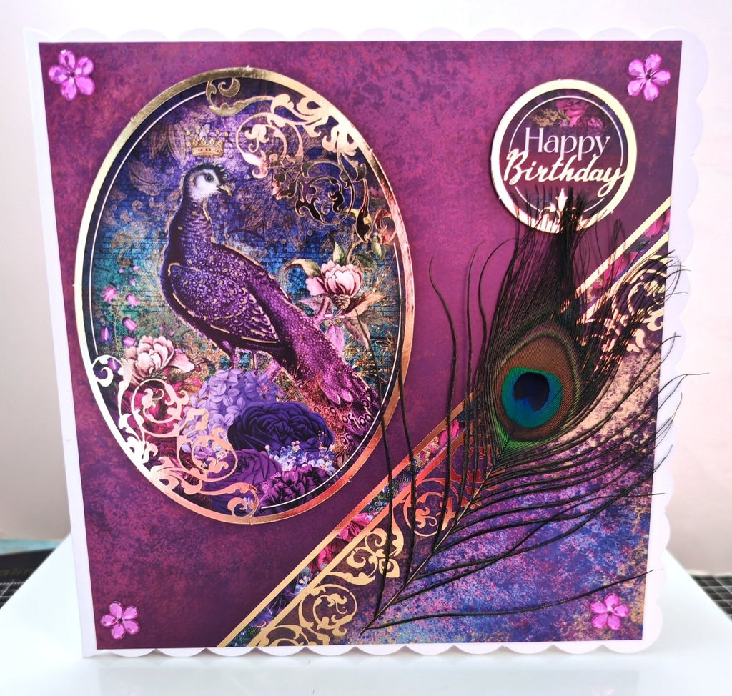 Luxury Handmade Birthday Card For Her - Peacock Greeting Card with Feather