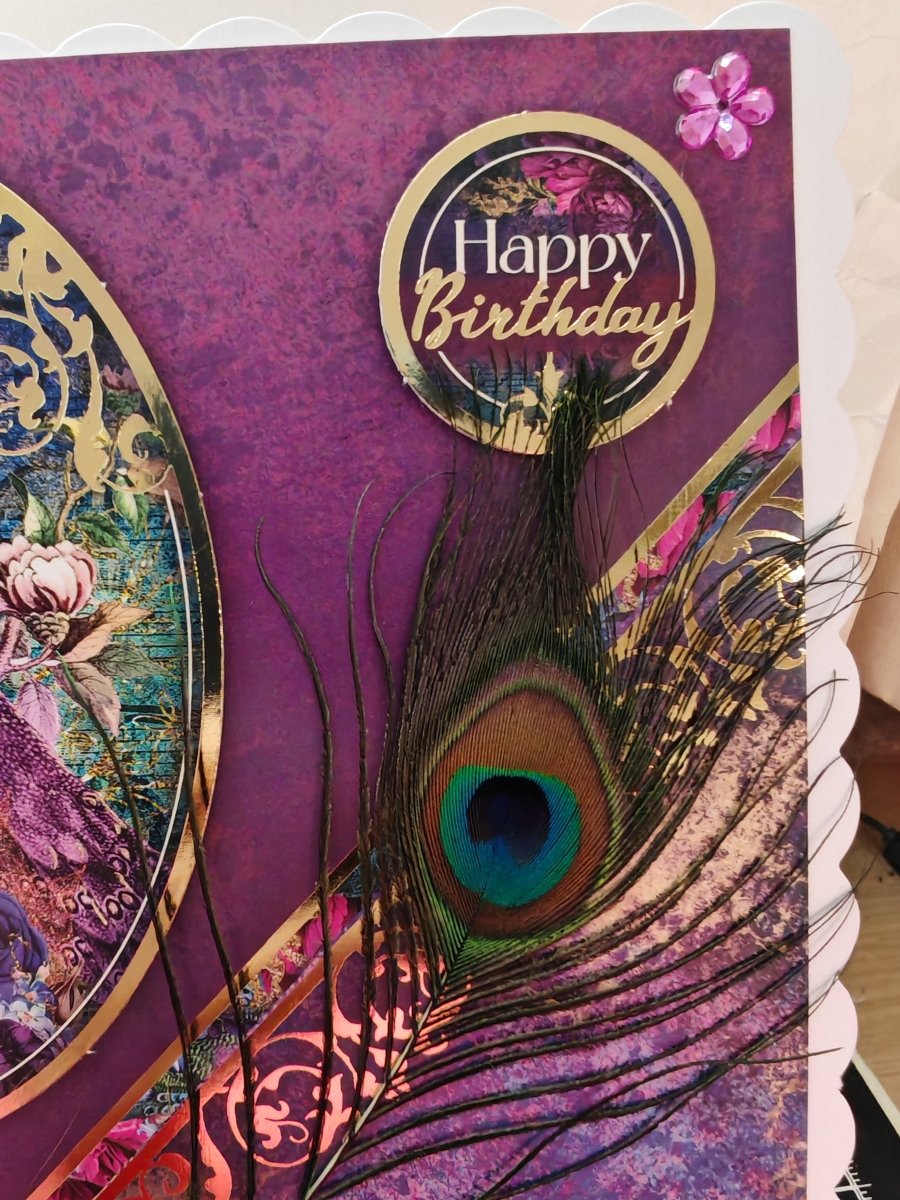 Luxury Handmade Birthday Card For Her - Peacock Greeting Card with Feather