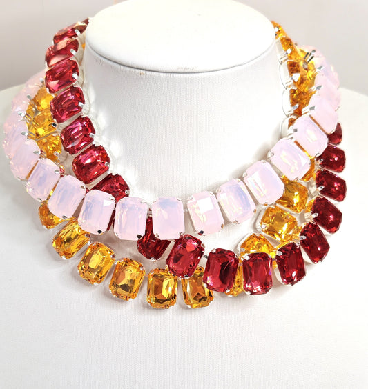 Light Fuchsia Pink Opal Yellow Georgian Collet Necklaces | Crystal Chokers | Anna Wintour Style