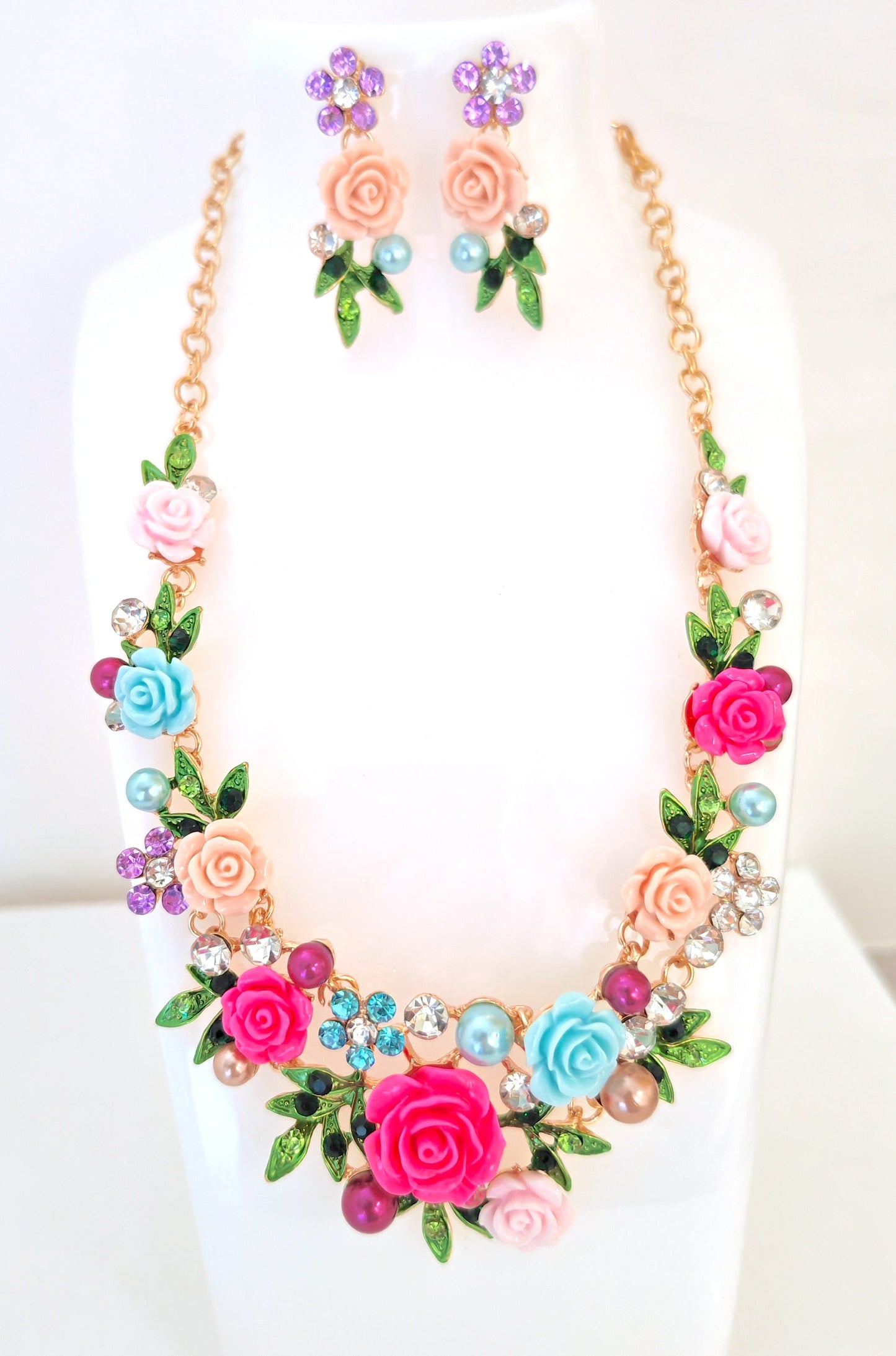 Multicolour Red Blue Rose Necklace and Earrings Set | Roses Pearls and Crystals | Gold Plated Statement Choker