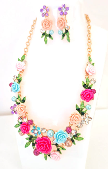 Multicolour Red Blue Rose Necklace and Earrings Set | Roses Pearls and Crystals | Gold Plated Statement Choker