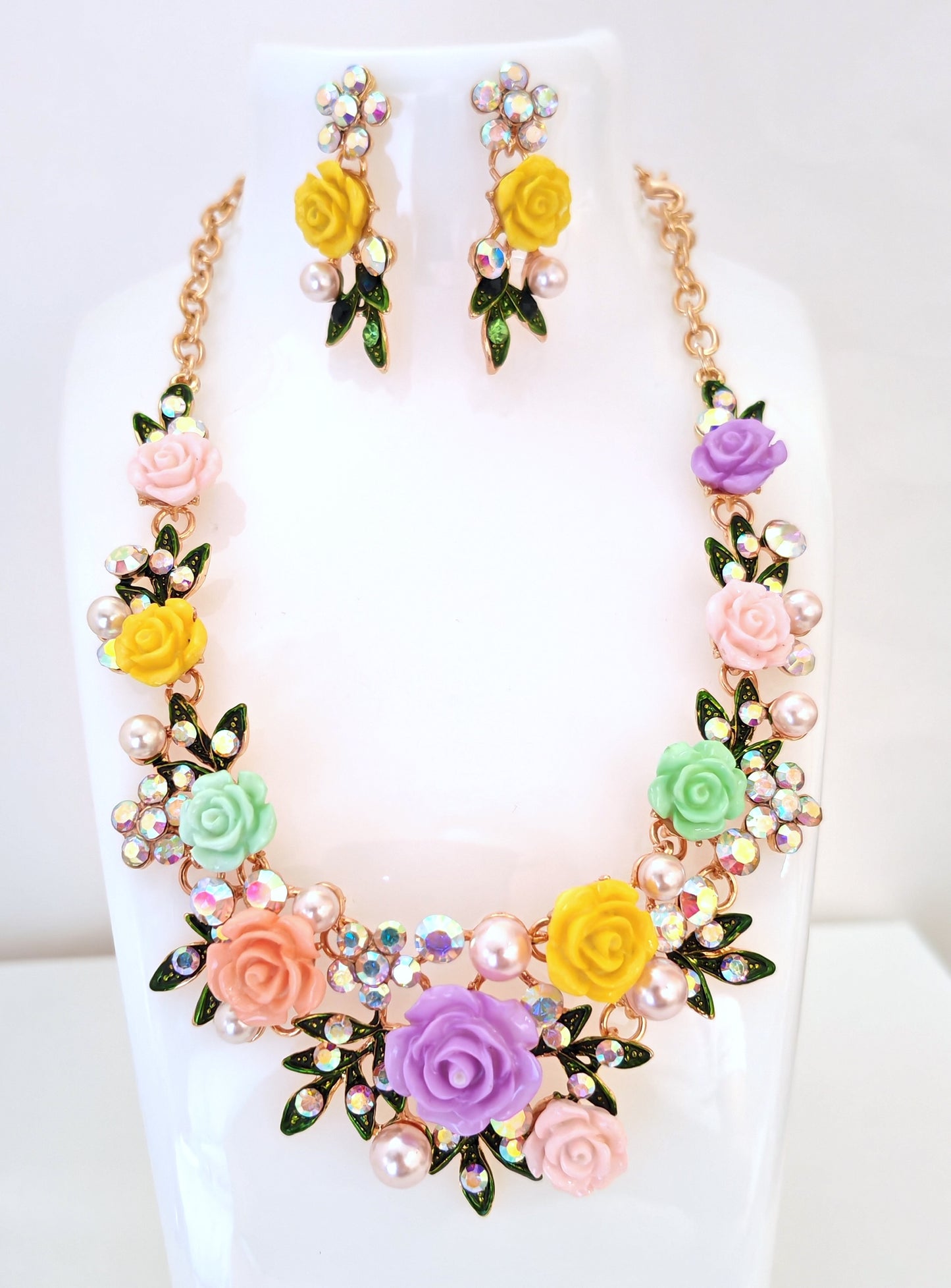 Multicolour Rose Necklace and Earrings Set | Roses Pearls and Crystals | Gold Plated Statement Choker