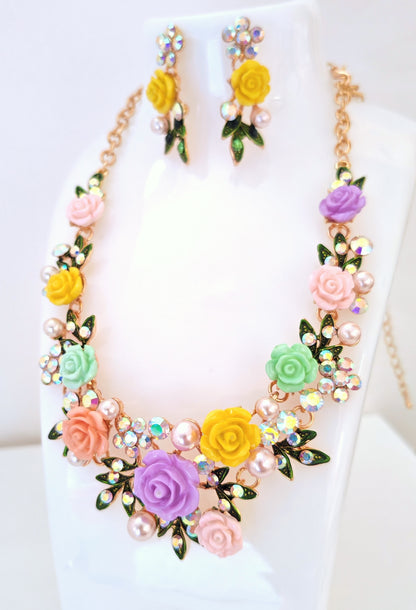 Multicolour Rose Necklace and Earrings Set | Roses Pearls and Crystals | Gold Plated Statement Choker (Copy)