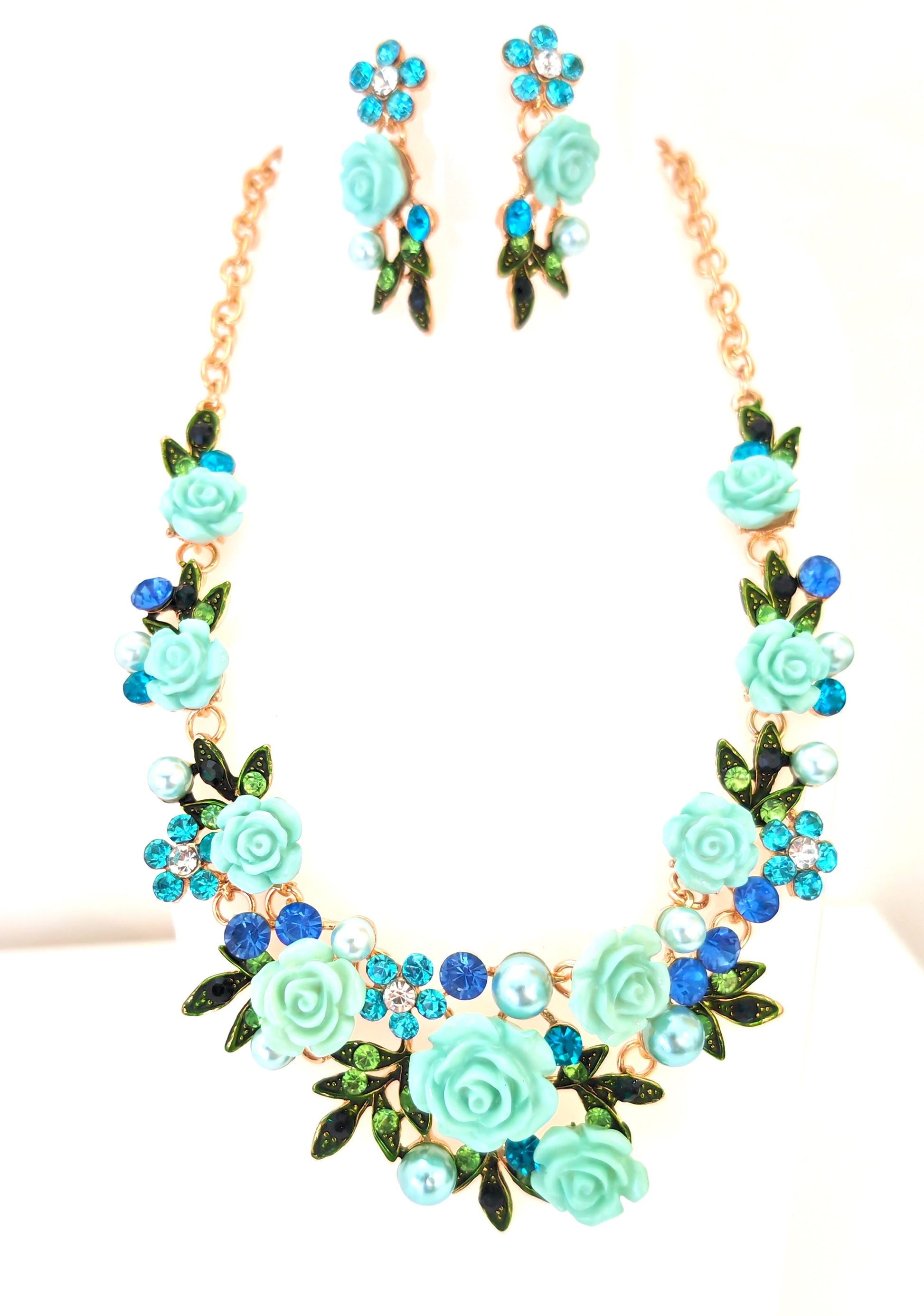 Green Rose Necklace and Earrings Set | Roses Pearls and Crystals | Gold Plated Statement Choker 