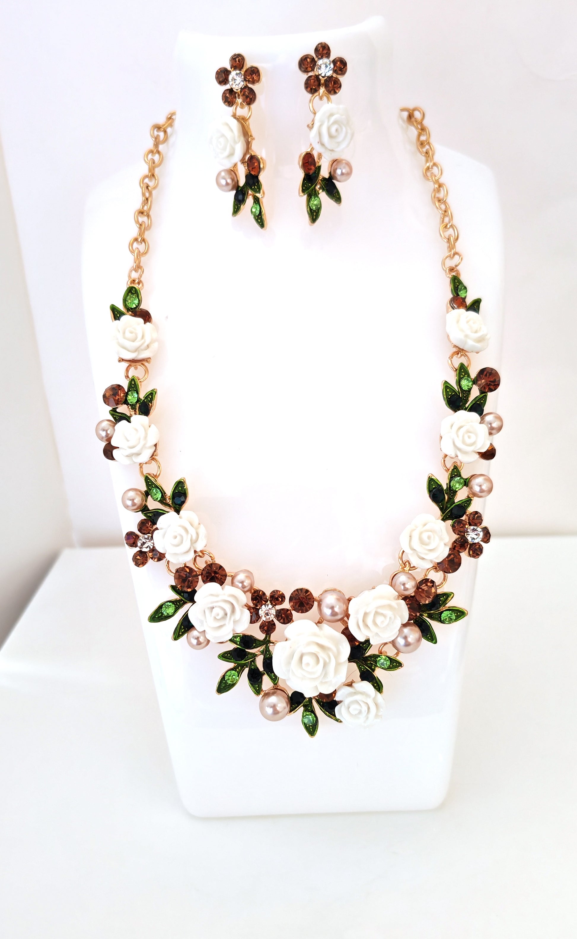 White Rose Necklace and Earrings Set | Roses Pearls and Crystals | Gold Plated Statement Choker