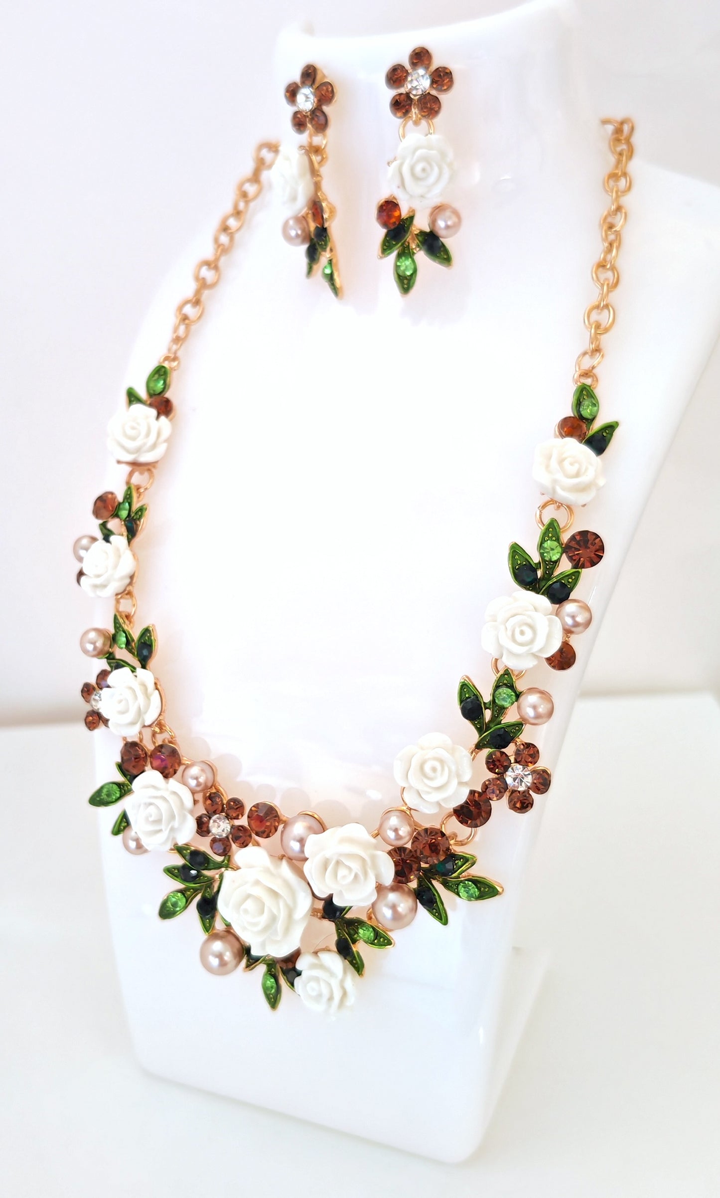 White Rose Necklace and Earrings Set | Roses Pearls and Crystals | Gold Plated Statement Choker 