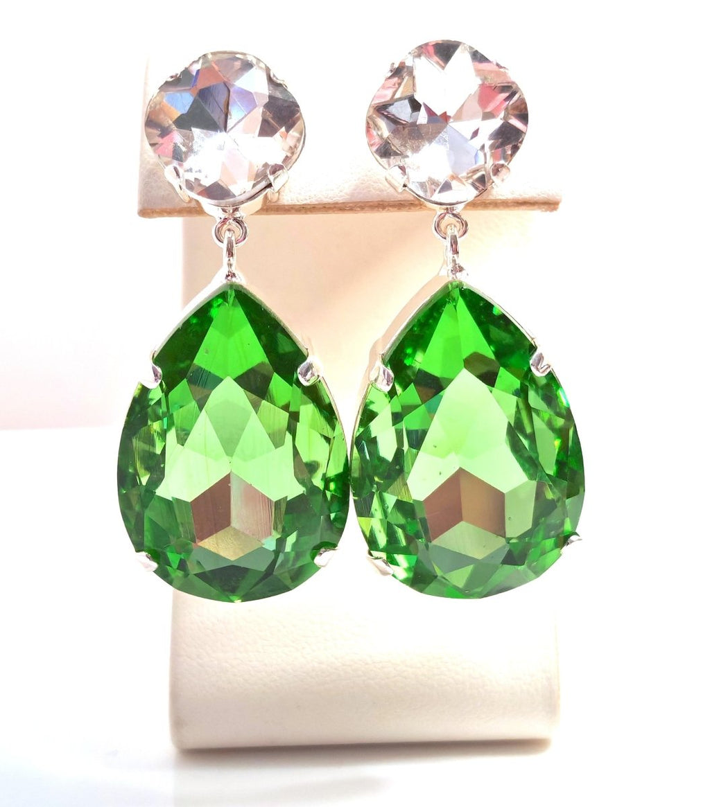 Peridot Teardrop Crystal Earrings | Vintage Style Dangles | Green Statement Drops