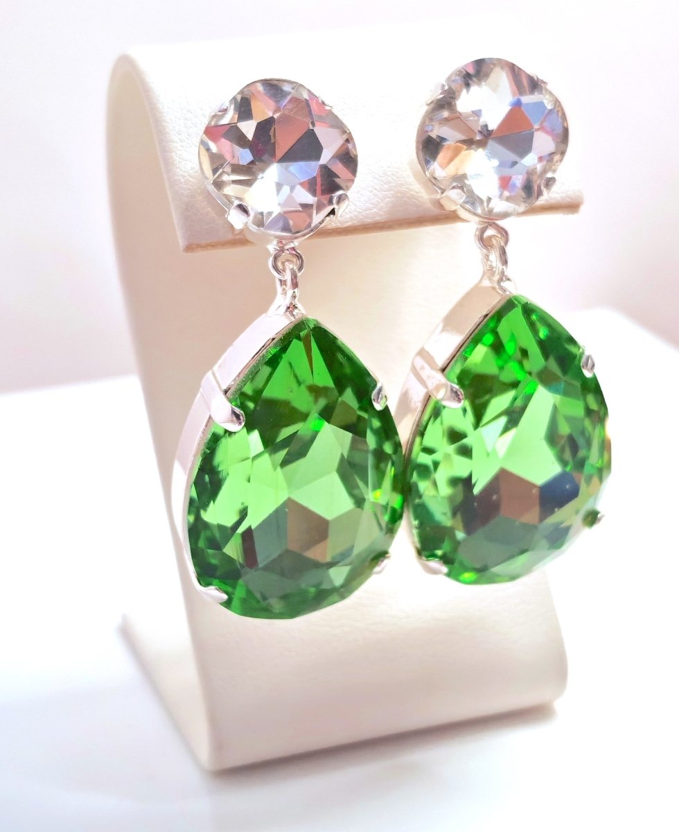 Peridot Teardrop Crystal Earrings | Vintage Style Dangles | Green Statement Drops