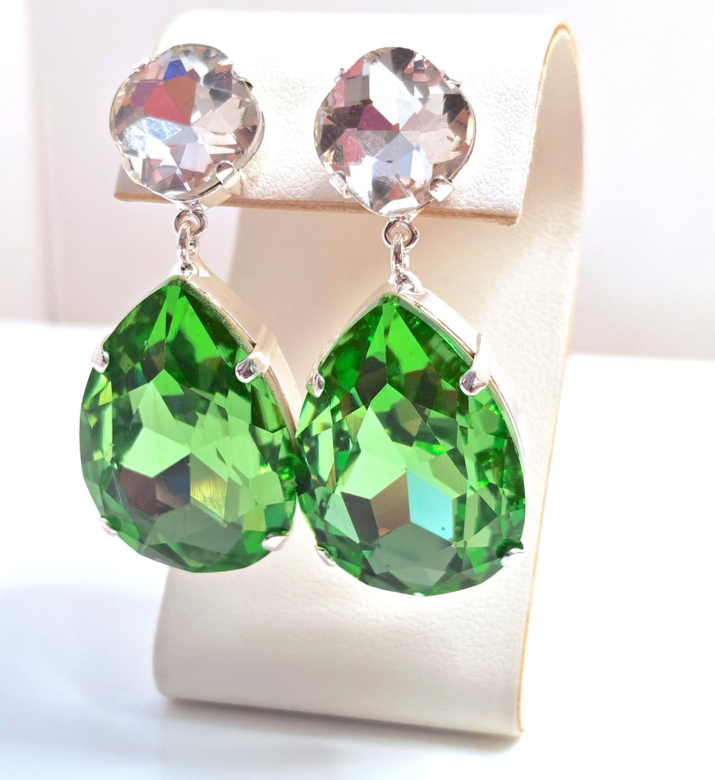Peridot Teardrop Crystal Earrings | Vintage Style Dangles | Green Statement Drops