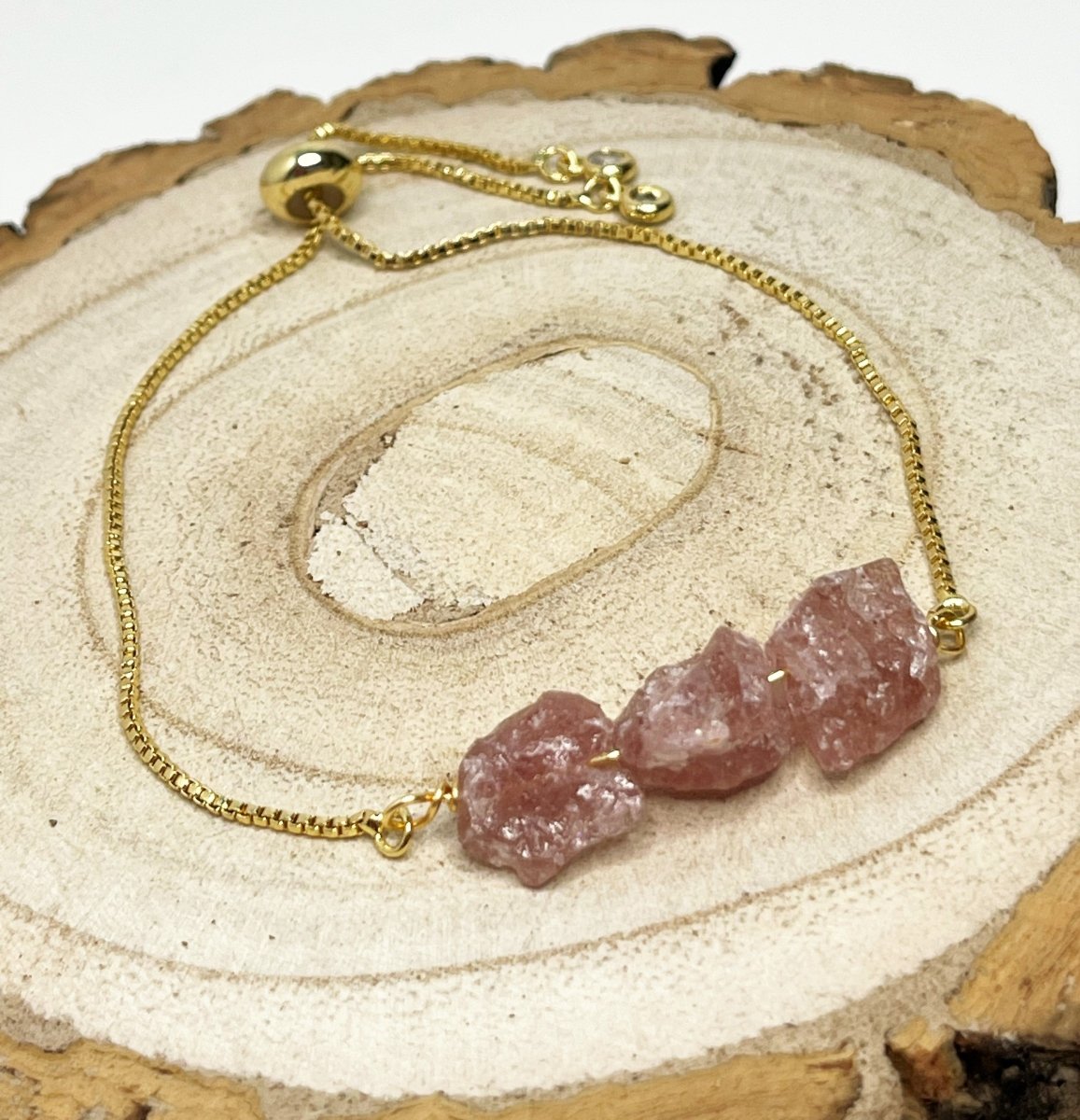 Strawberry Quartz Gold Plated Slider Bracelet | Natural Stone | April Birthstone Gift