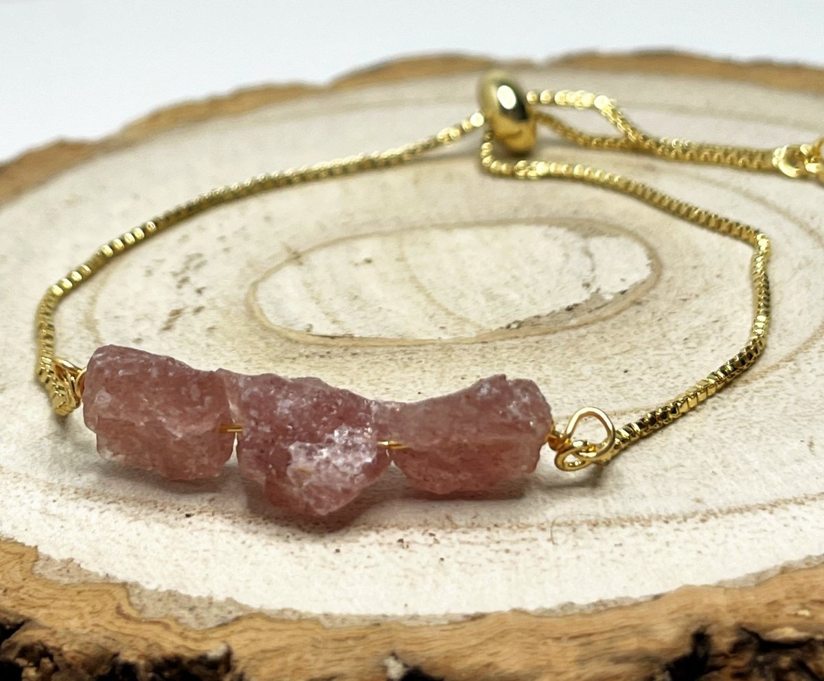 Strawberry Quartz Gold Plated Slider Bracelet | Natural Stone | April Birthstone Gift