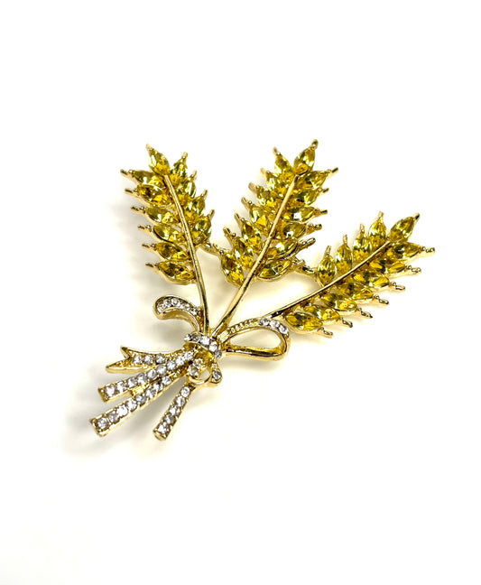 Gold Crystal Wheat Brooch | Crystal Ears of Wheat Pin | Sparkly Jacket Pin
