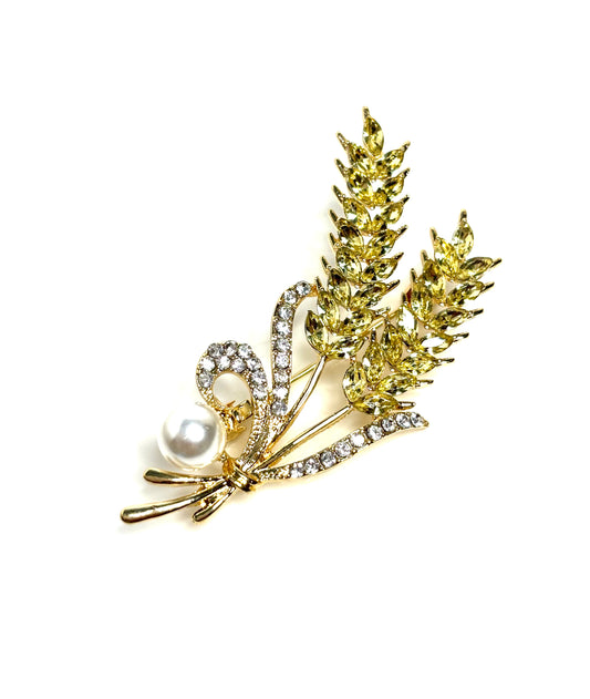 Crystal Pearl Wheat Brooch | Crystal Ears of Wheat Pin | Sparkly Jacket Pin