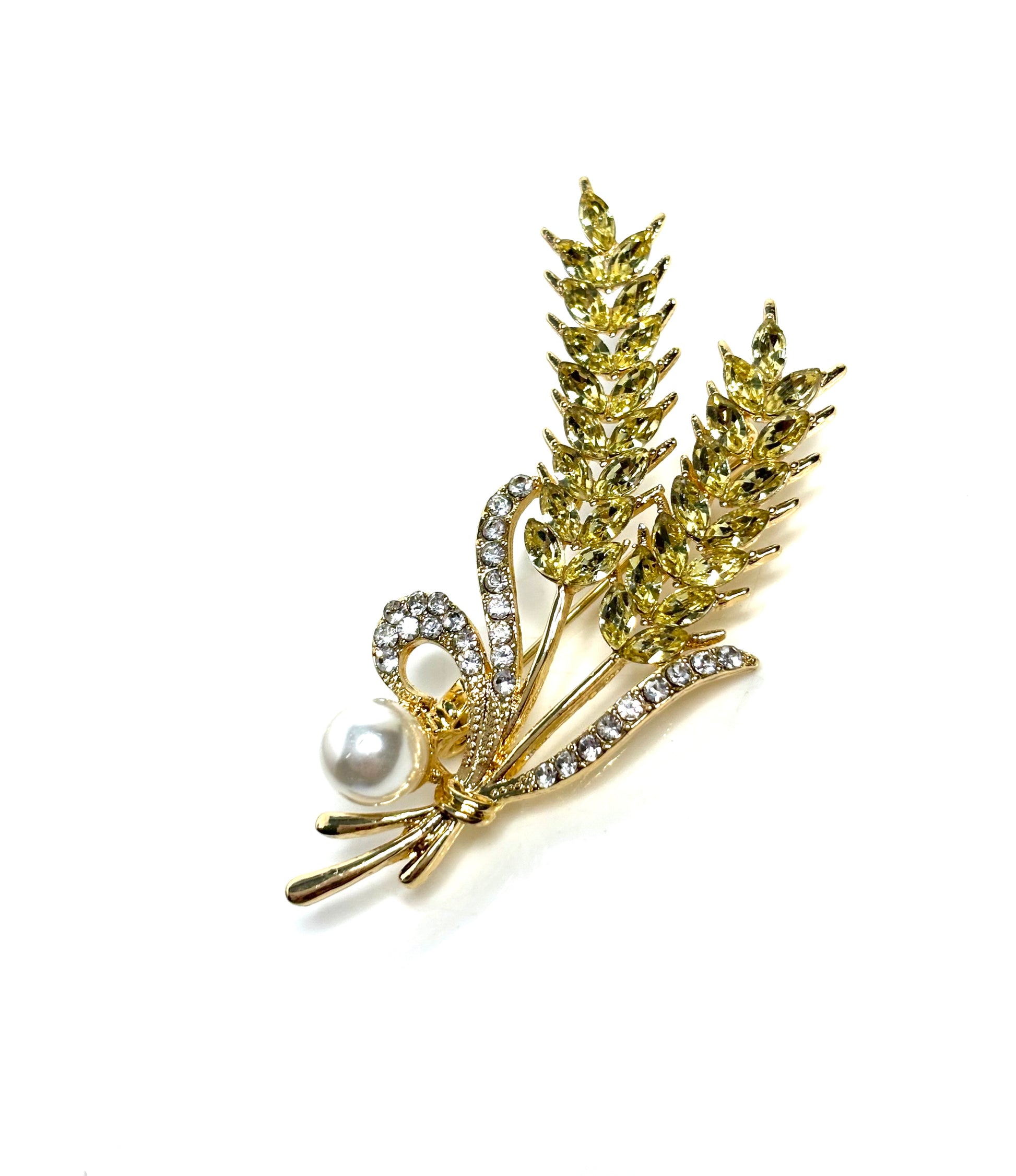 Crystal Pearl Wheat Brooch | Crystal Ears of Wheat Pin | Sparkly Jacket Pin