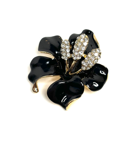 Black Crystal Flower Brooch | Orchid Style Flower Pin | Statement Brooch